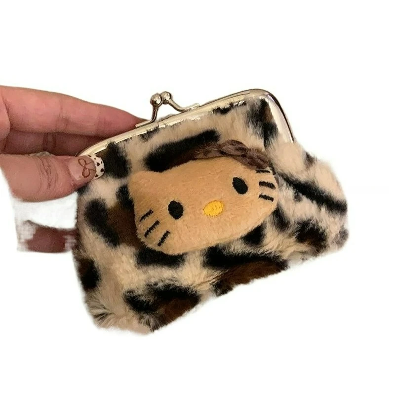 Porte-monnaie imprimé léopard, mignon, frais et doux, en peluche, sac pour écouteurs Bluetooth, sac de maquillage pour chat KT, sac de rangement