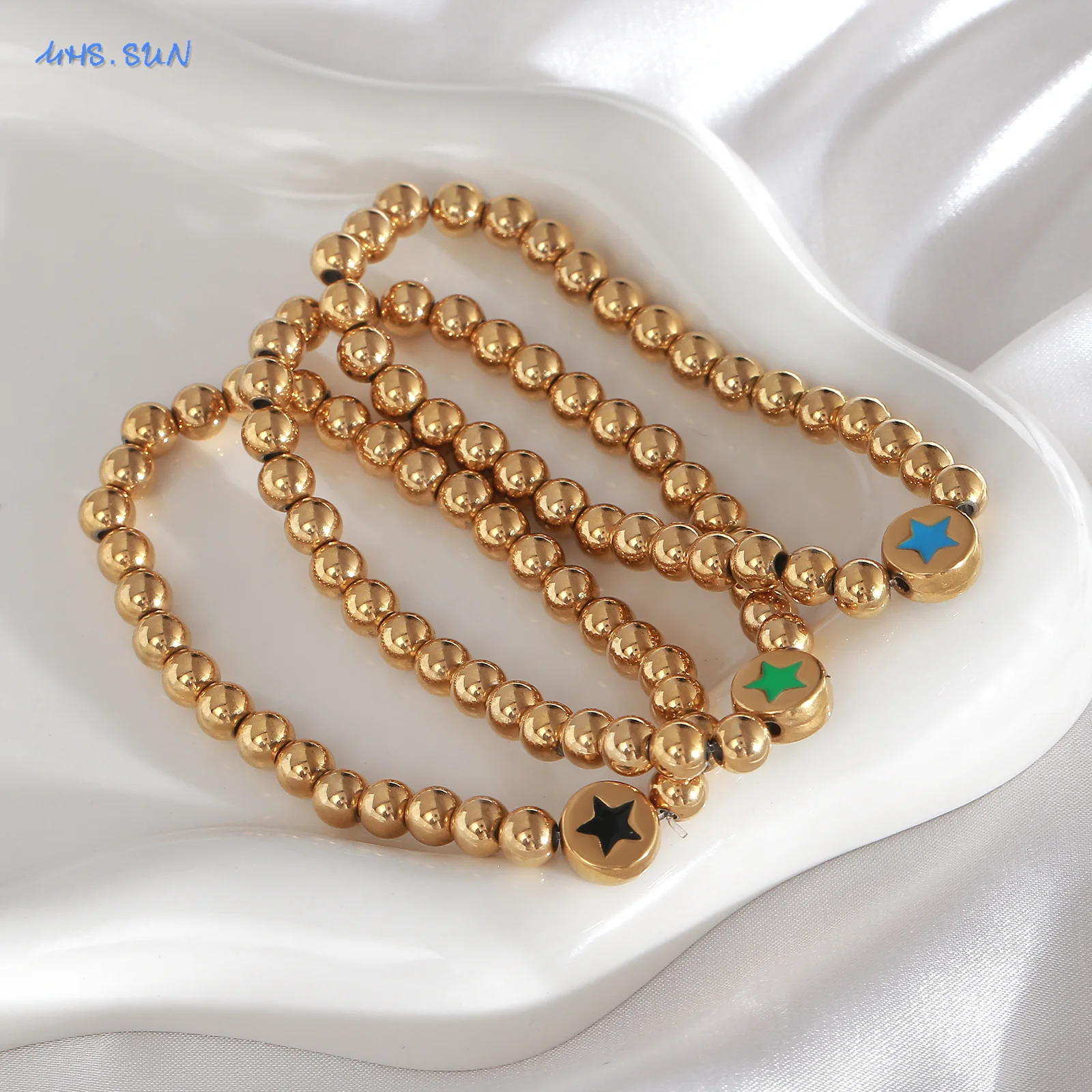 MHS.SUN Star Heart Charm Gold Plated 6MM Beaded Bracelets Classic Stainless Steel Birthday Party Jewelry Handmade For Women Men