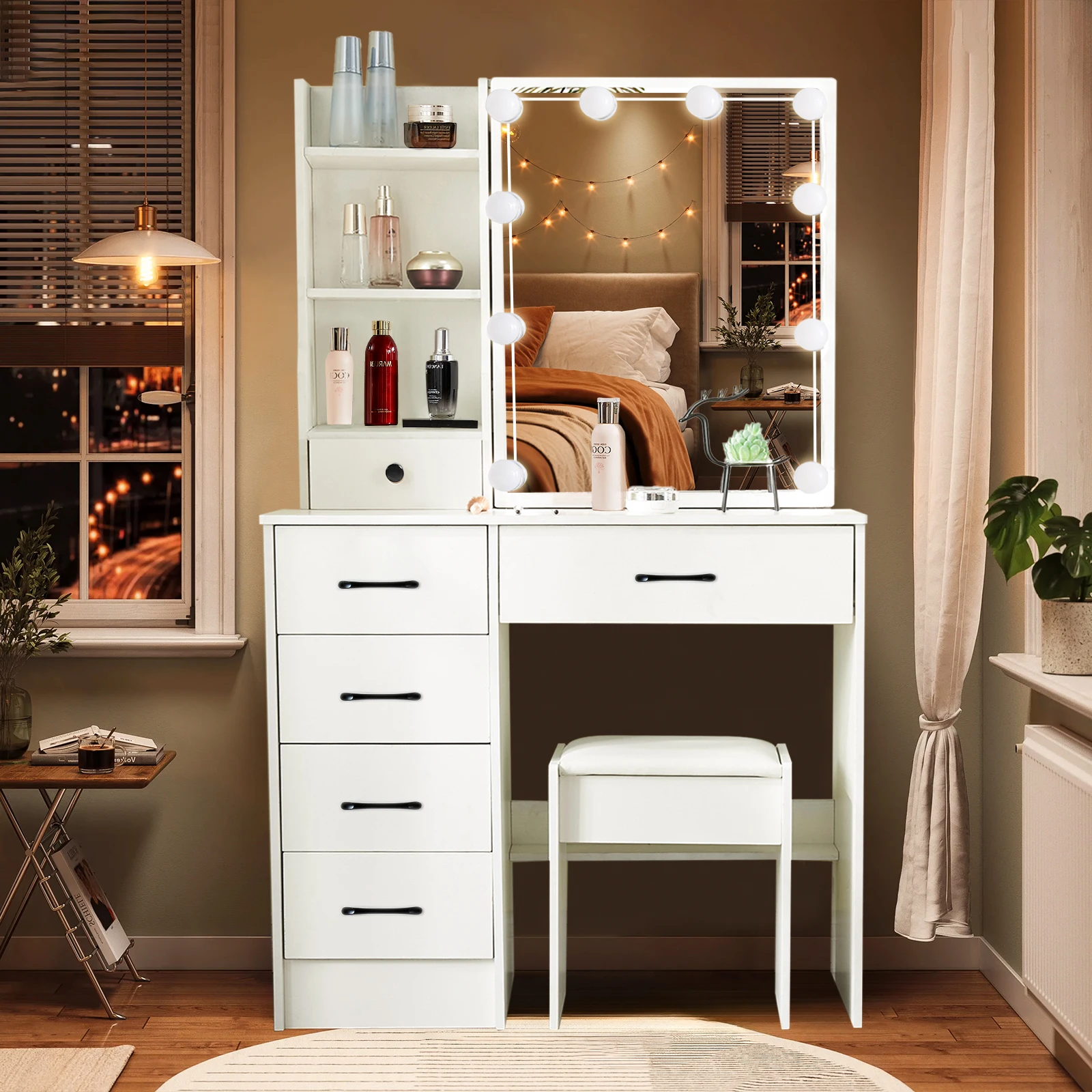LED Hollywood Mirror Vanity Set W/ 6 Drawers & Stool, Large Storage Makeup Dressing Table, Modern Cosmetic Organizer Desk for Bedroom