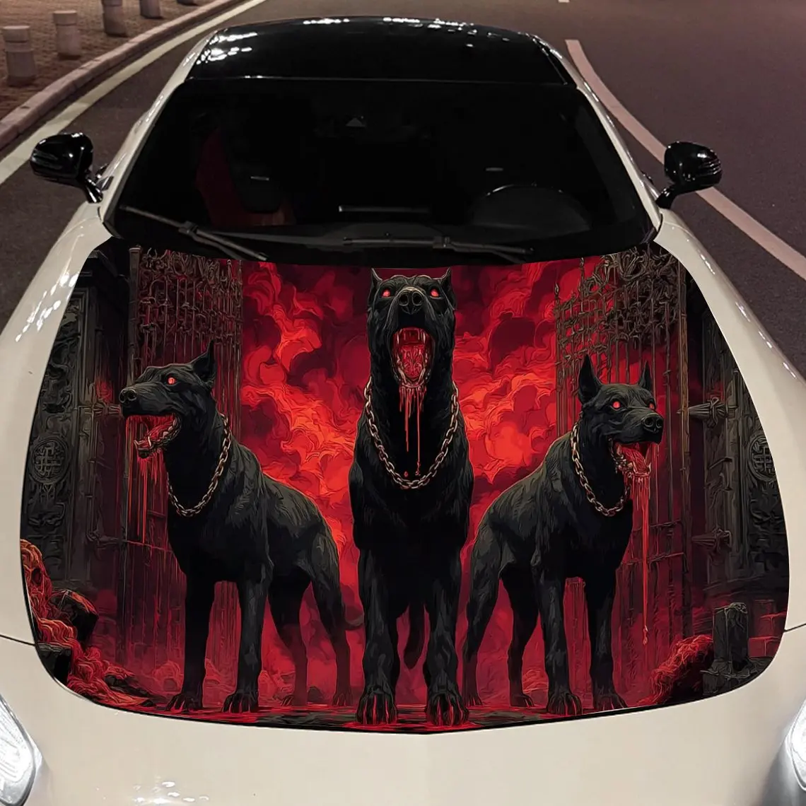 Infernal Three-Headed Dog Car Vinyl Wrap, PVC Material Waterproof Car Hood Sticker, Self-Adhesive Scratch-Resistant Stickers for