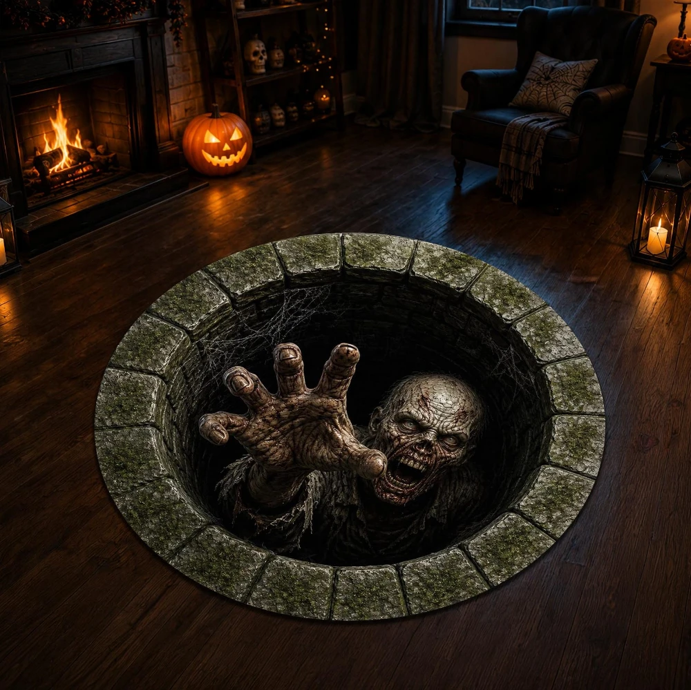 Dungeon Zombie Pit 3D Illusion print Circle Rug halloween party area game room entryway home decor Non Slip Rug Present