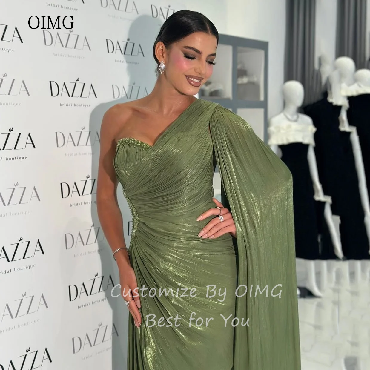 

OIMG Shiny Green Mermaid Prom Gowns One Shoulder Pleated Party Gown Floor Length Saudi Evening Dress Customized