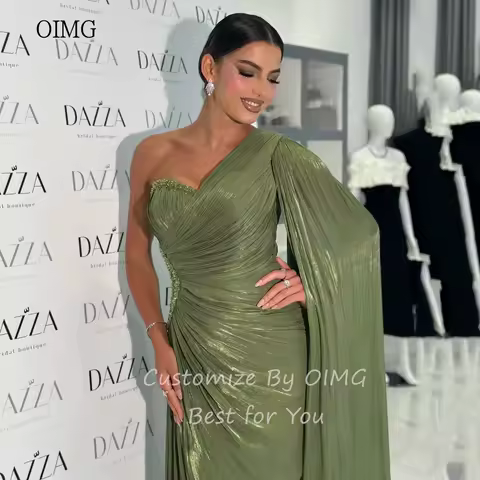 OIMG Shiny Green Mermaid Prom Gowns One Shoulder Pleated Party Gown Floor Length Saudi Evening Dress Customized