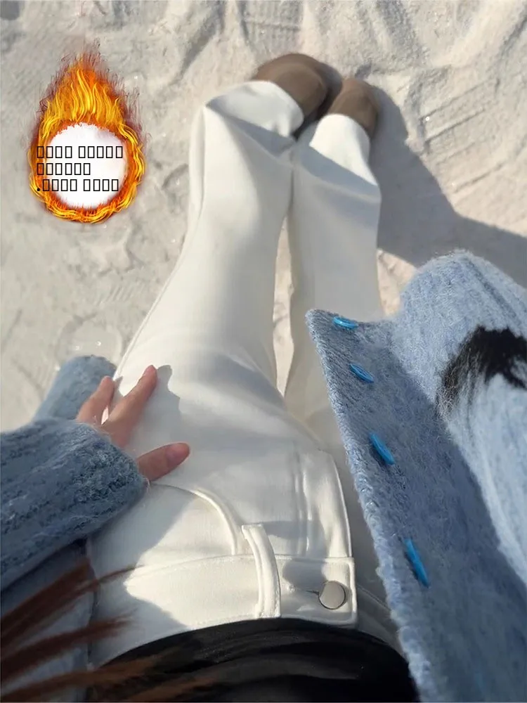 

Джинсы-клеш с высокой талией и подкладкой Fce, женские, зимние, новые, облегающие, повседневные, из смесового хлопка и денима