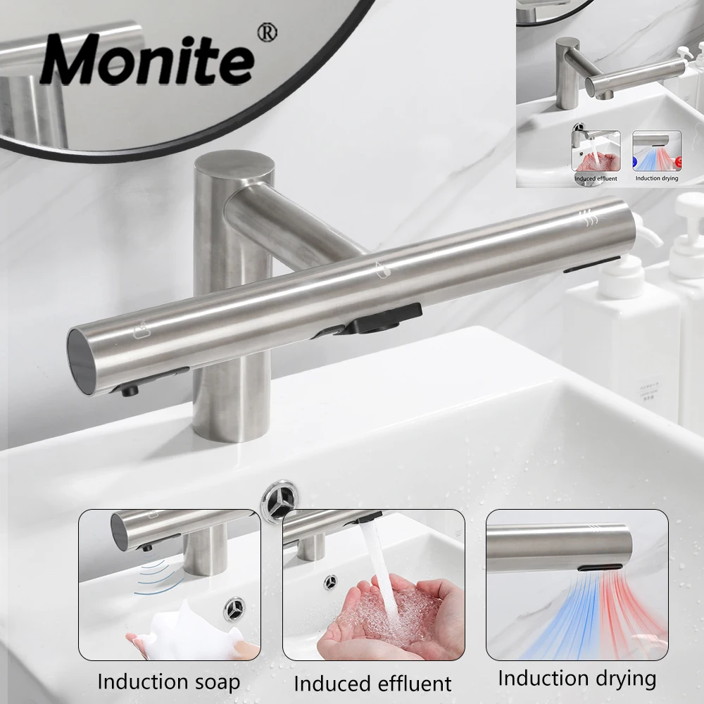 Monite-grifo de lavabo de baño moderno de alta gama, grifos inteligentes de acero inoxidable, dispensador de jabón integrado multifuncional, secador de grifo