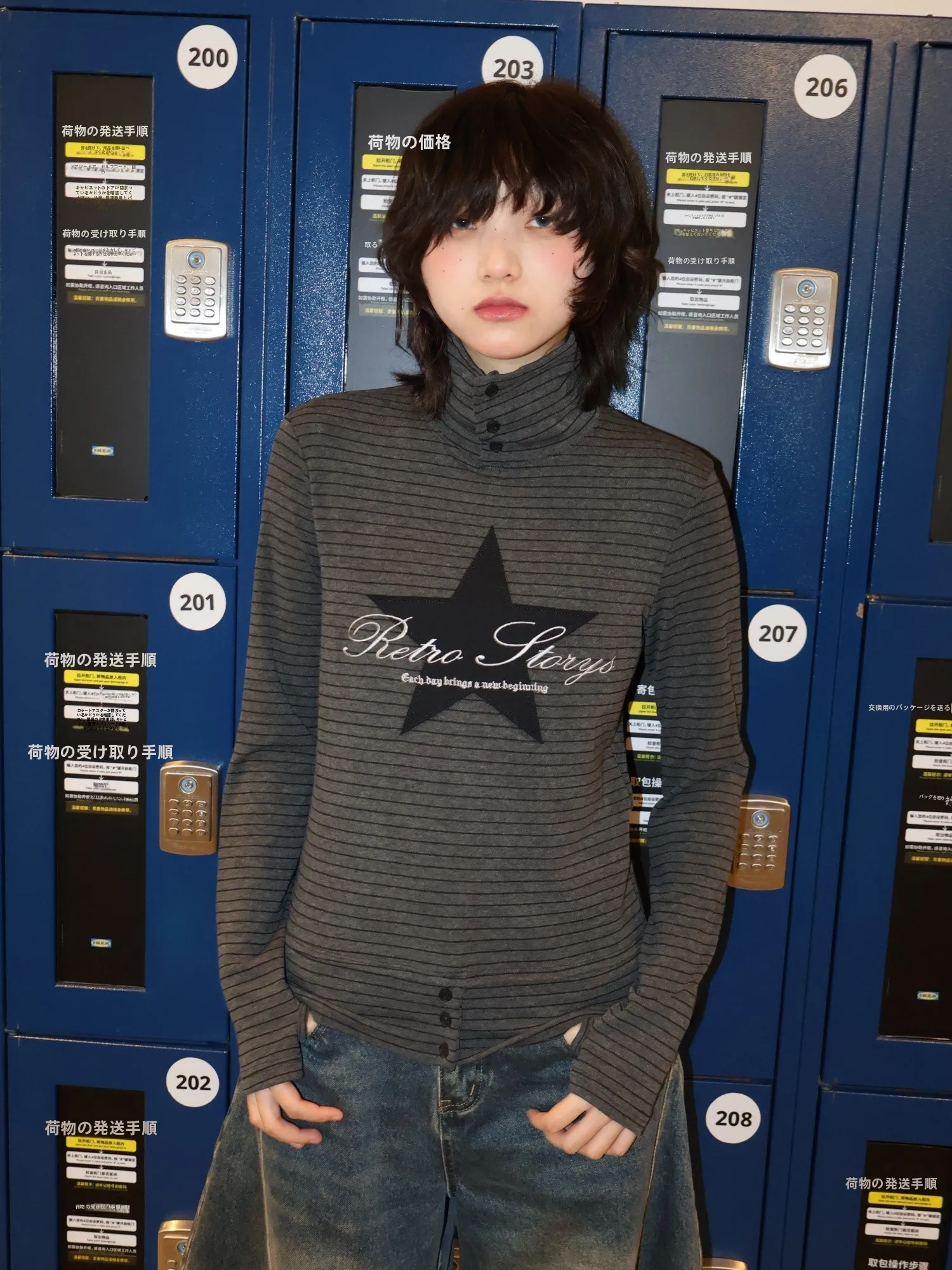 

adow Pl Korean Retro Striped Long Sve T-irt Women High Collar Star Print Slimming Base irt Top Casual Sle Cott...