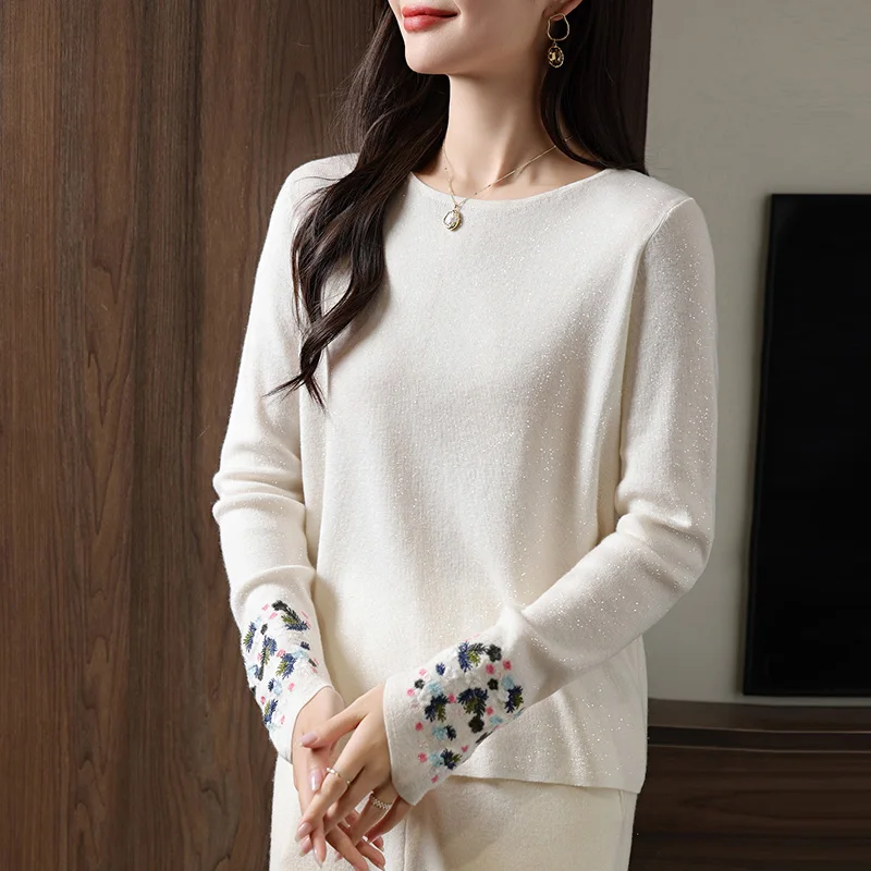 

Fall/Winter New Worsted Wool Sweater Women's Crewneck Crimped Cuff Jacquard Pullover Knitted Bottom Shirt