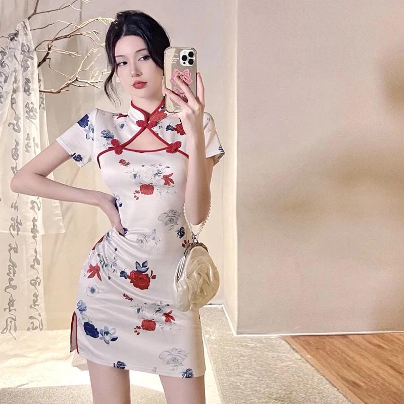 Women Chinese style flower print cheongsams Lady elegant qipao Korean fashion sexy mini dress bodycon party dresses vestidos