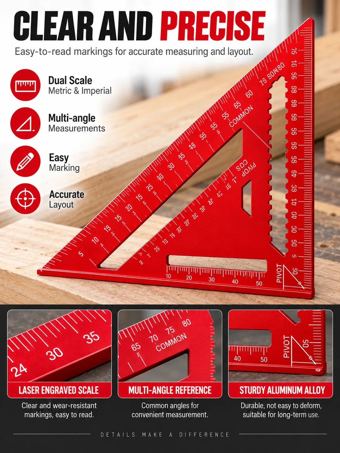 Präzisions-Aluminium-Quadrat, rotes Dreieck-Holzbearbeitungslineal, Messwerkzeug für die Holzbearbeitung und zum Anzeichnen von Linien für Heimwerkerprojekte und zur Dekoration. – Detail 2