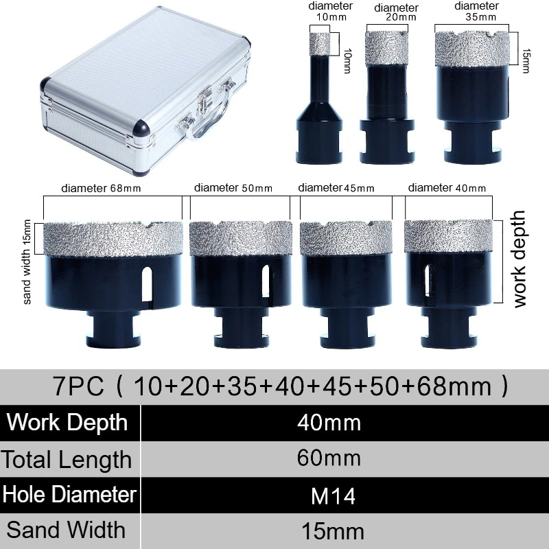 7PCS/Set Vacuum Brazed Diamond Masonry Hole Saw Kit Includes 10mm-68mm Diameter for Porcelain Tile Ceramic Marble Brick Concrete