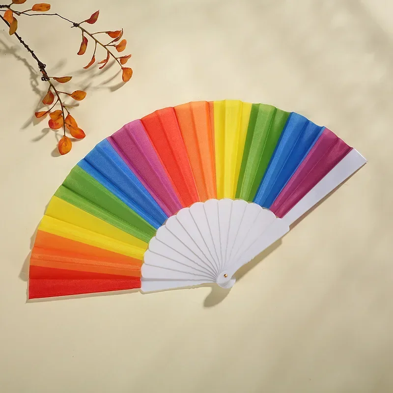 Rainbow Handheld Folding Fan Spanish Large Foldable Hand Portable Fan for Dance Art Wedding Festival Decoration Kids Gift