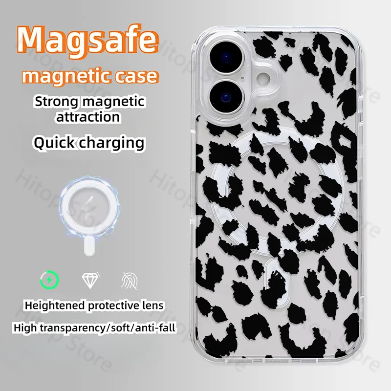 Leopardenmuster-Handyhülle für iPhone 16 15 14 13 12 11 Pro Max XS XR 7 8 Plus für Magsafe Wireless Charge Acryl-Abdeckung