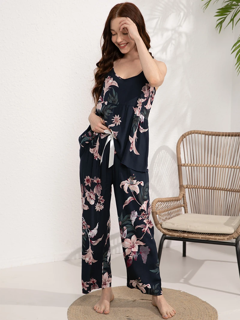 Women\'s Summer Pajamas Set 2 Pieces Viscose S-3XL Home Wear Pijama Loose Set Sleepwear Comfortable Female Cami Pants Nightwear