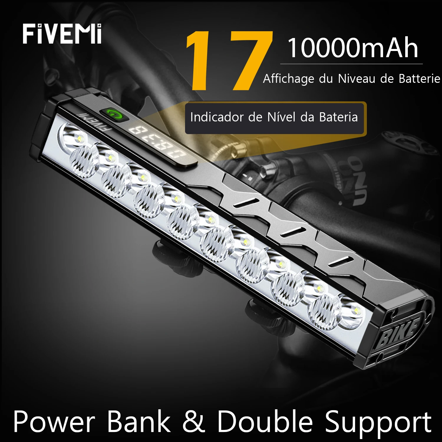 Fivemi Lampe de vélo 10000 mAh – Lampe de cyclisme super lumineuse à 17 LED avec batterie externe USB, lampe de poche et chargement USB pour montagne/route B