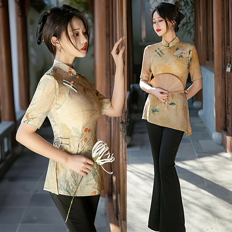 

Women Tang Suit Top Chinese Traditional Elegant Sexy Blouse Retro Print Clothing Shirt Plus Size Mandarin Collar Cheongsam Top