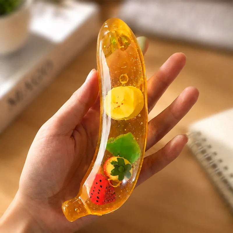 Jumbo Banana Squishy Stress Relief Toy Slow Rising Transparent Gel Filled with Fruit Pieces Soft Sensory Fidget for Kids Adults