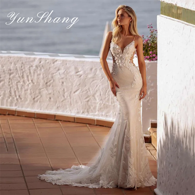 Yunshang-Vestidos de casamento de luxo feminino, costas abertas, decote em v, cintas de espaguete, vestido de noiva, Sweep Train