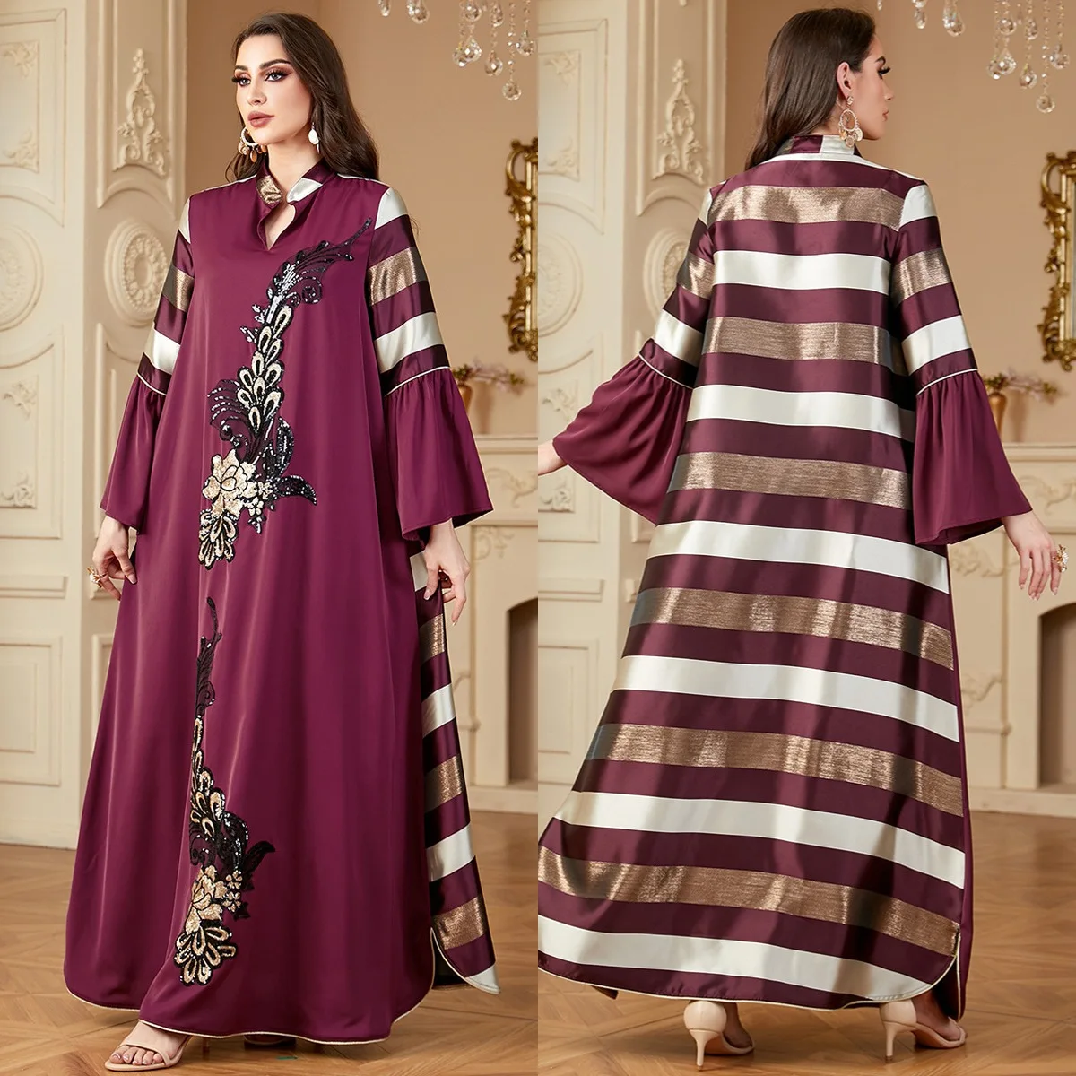 4162 New Splicing Long Dress Loose Women's Robe Muslim Stripe Contrast Splicing Dress