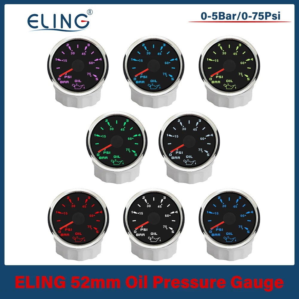 

Newest 52mm Engine Oil Pressure Gauge Meter 0-5Bar 0-10bar Signal with 7 Colors Backlight for Boat Truck Motorcycle 9-32V