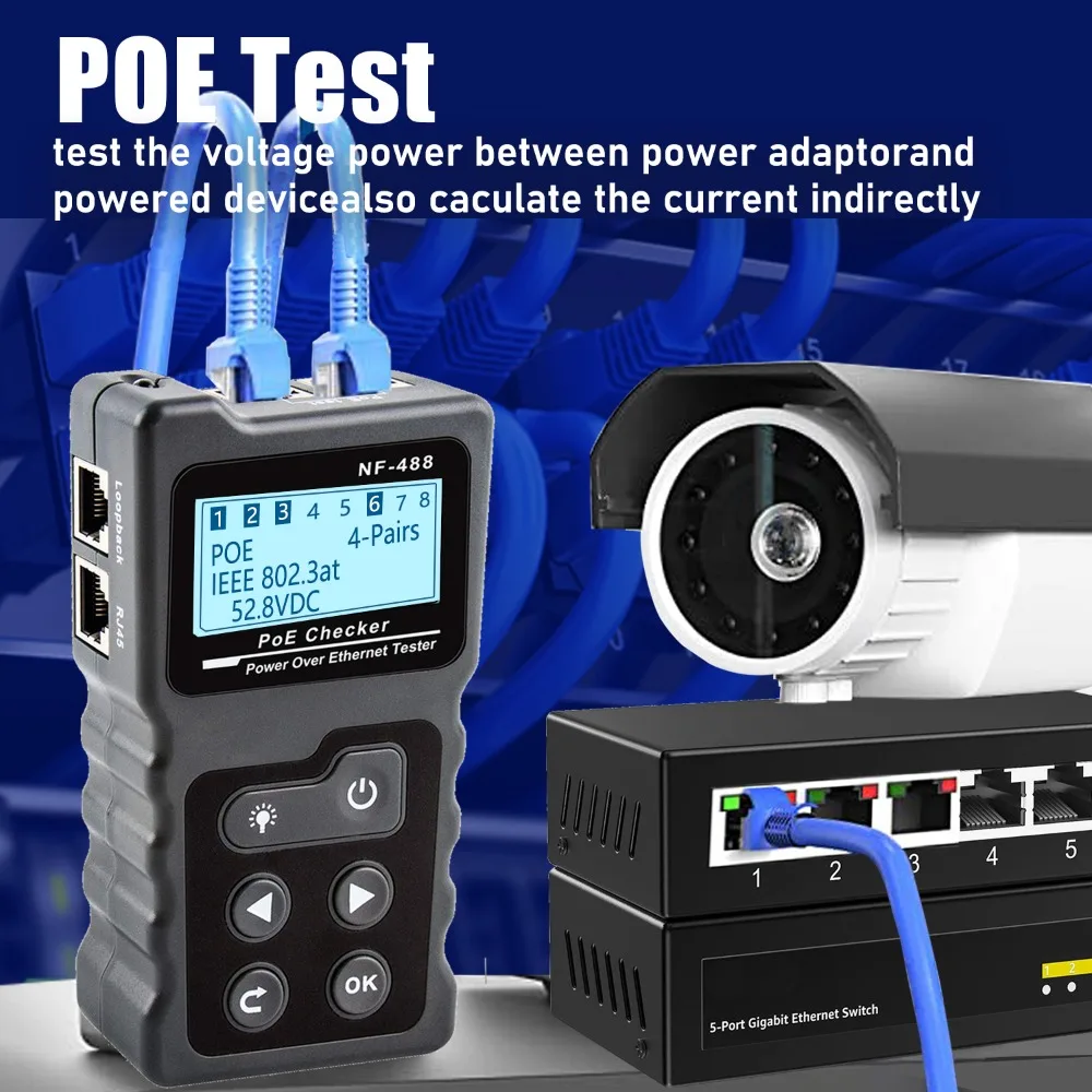 NOYAFA-Network Cable Tester, NF-488 Poe Ethernet Cable Tester, Continuity Tester, DC Power Switch, Loop-Back Test for CAT5e, CAT