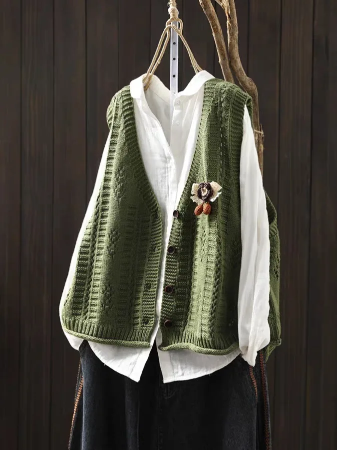 

Chic Layered een Cotton Knit Vest Women's Spring Autumn Loose Svel oulder Pad Flower Decorated Knitted Top