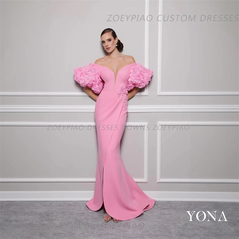 Vestidos de Noche de sirena con flores en 3D, vestidos plisados de encaje con hombros descubiertos y lentejuelas, vestido de fiesta de celebridades de satén de Arabia, moda rosa