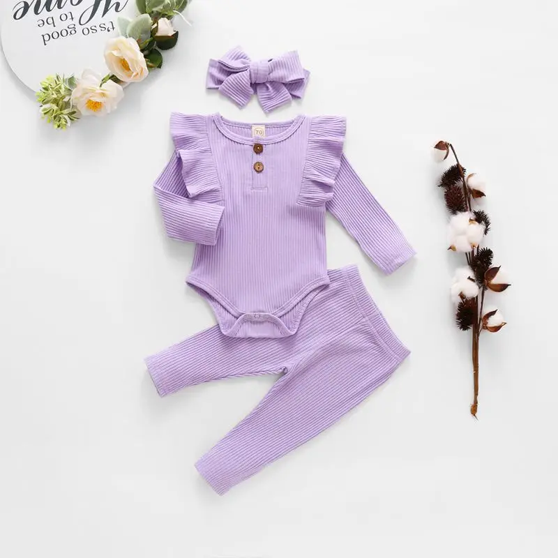 Solid Color Spring Autumn Baby Children Ruffled Fly-sleeved One-piece Romper Trousers And Headband Three-piece Suit