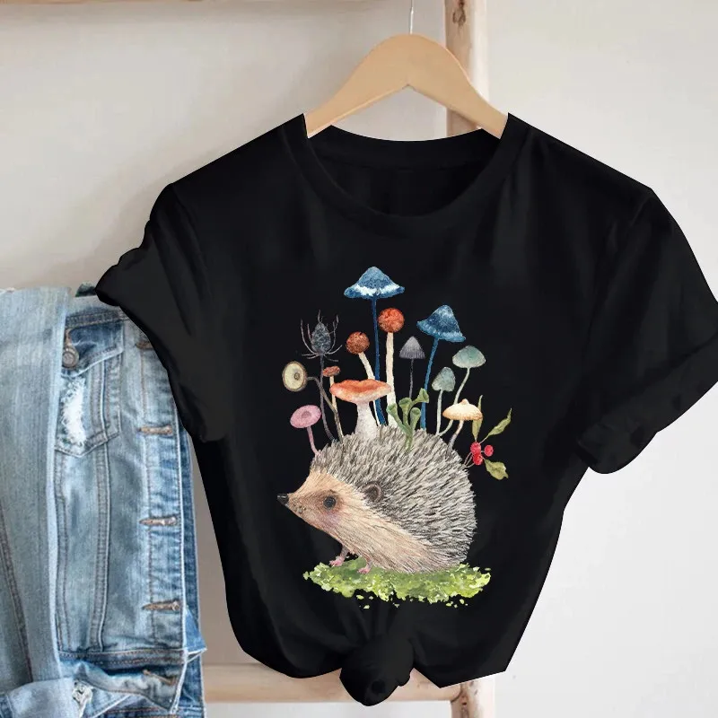 Pink Women Tshirts Casual Cute Cartoon Hedgehog Floral Graphic Print Female Tee Tops Harajuku Fashion Short Sleeve T Shirt Femme