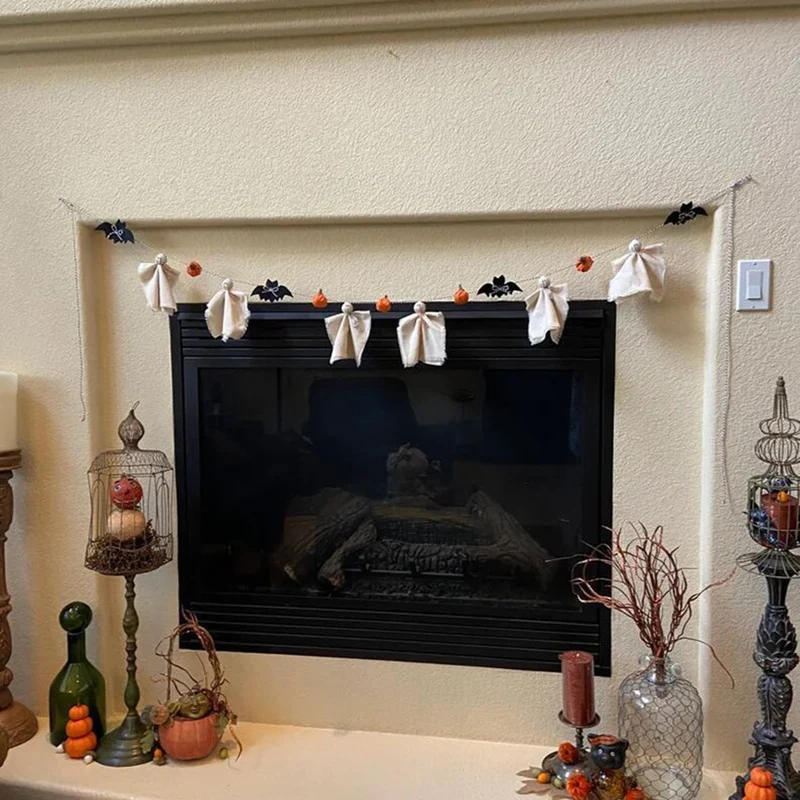 Guirnalda de fantasmas de algodón para Halloween, pancarta de calabaza y murciélago, decoración de pared rústica hecha a mano para marco, puerta y ventana