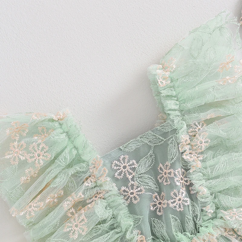 Listenwind Baby Girls Summer Princess Dresses Green Flying Sleeve Floral Embroidery Tulle Dresses with Headband For 3-24 Months