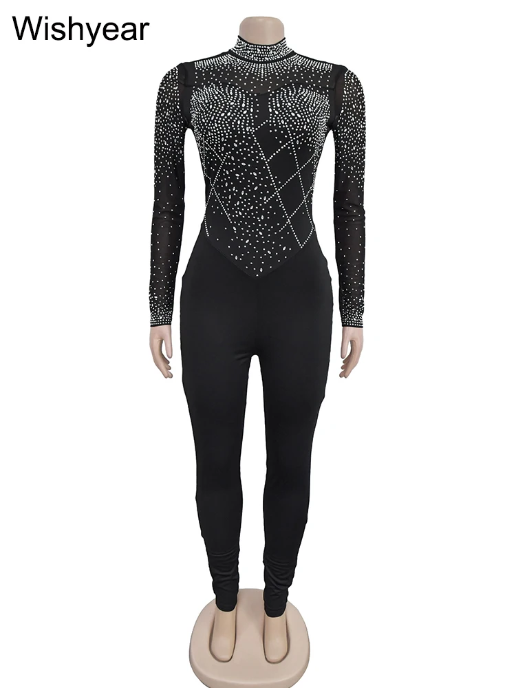 Wishyear Sexy Mesh See Through Rhinestone Black Jumpsuits Women One Piece Outfits Bodycon Long Sleeve Birthday Rompers Clubwear