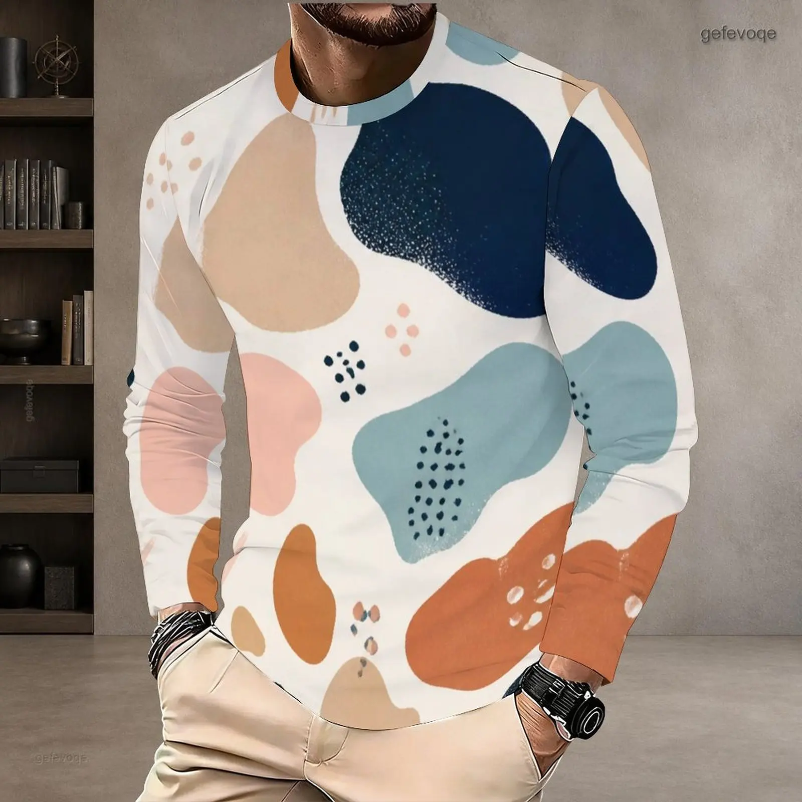Men Round Neck Long Sleeve Pullover Straight Hem Printed T Shirt