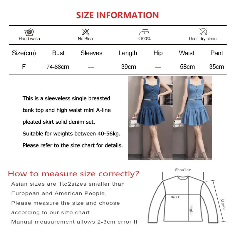 Setelan Denim polos untuk wanita, setelan Tank top tanpa lengan Single Breasted Vintage dan rok lipit A-line pinggang tinggi warna polos untuk wanita
