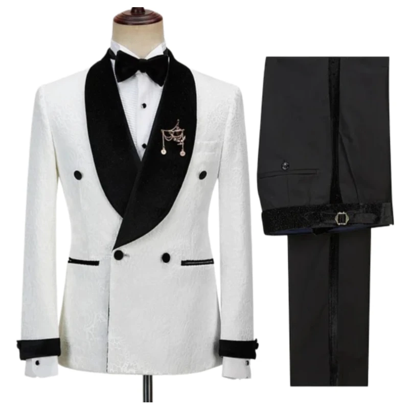 คู่ดอกไม้ชุดสําหรับชาย 2024 กํามะหยี่สีดําผ้าคลุมไหล่เจ้าบ่าว Tuxedo Tailor Made เสื้อสูทกับกางเกง