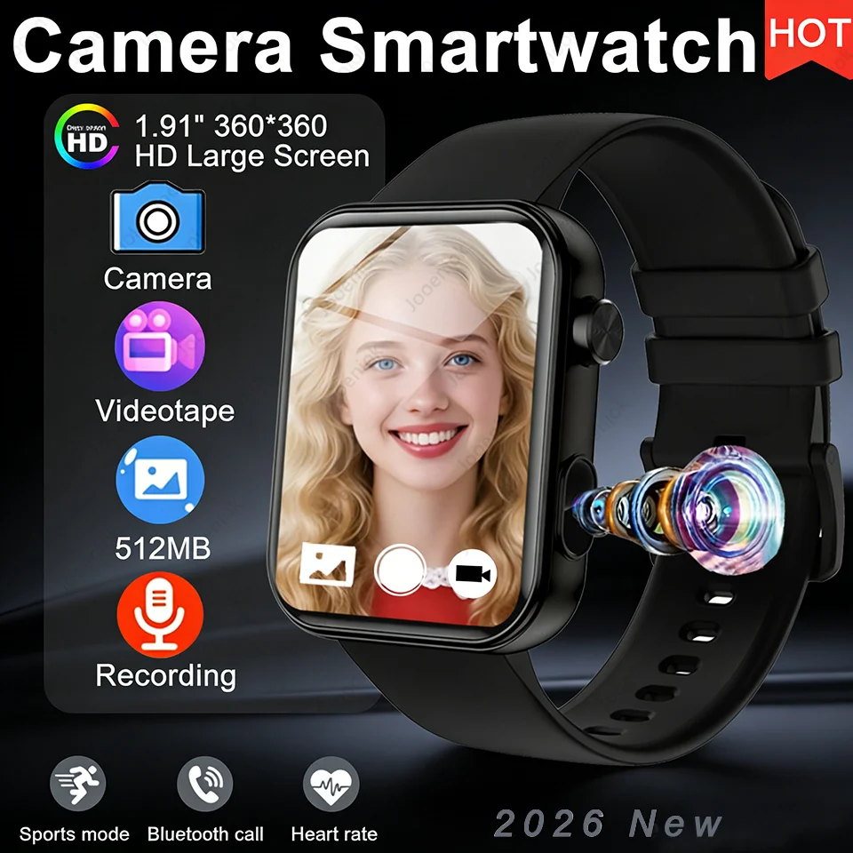 

Смарт-часы с камерой для мужчин, 512 МБ памяти, Bluetooth, запись звонков, 1,91-дюймовый экран, мониторинг сна, спортивные смарт-часы для женщин, Android, iOS