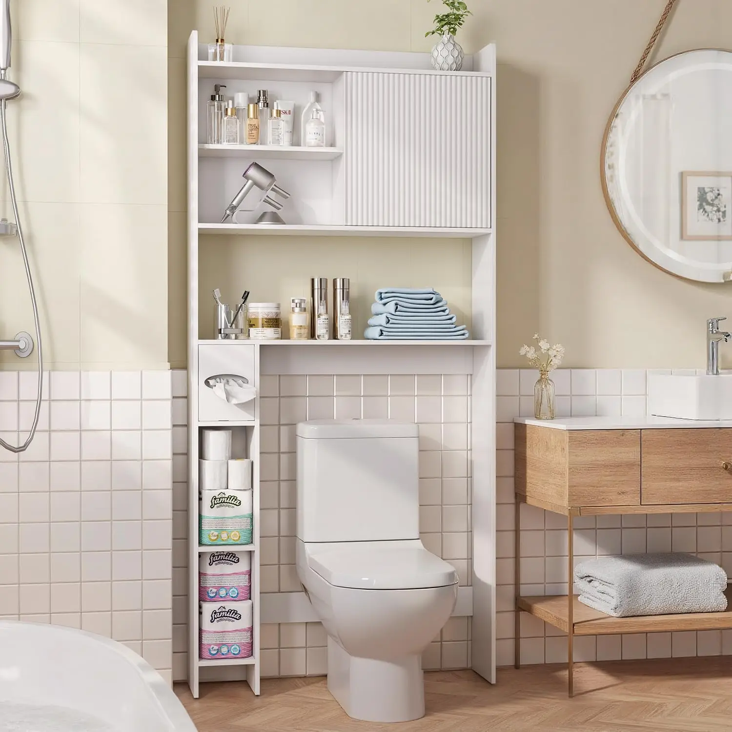 

Over The Toilet Storage Cabinet with Sliding Door, 31.5" W Over Toilet Bathroom Organizer with Adjustable Shelves & Toilet Pa