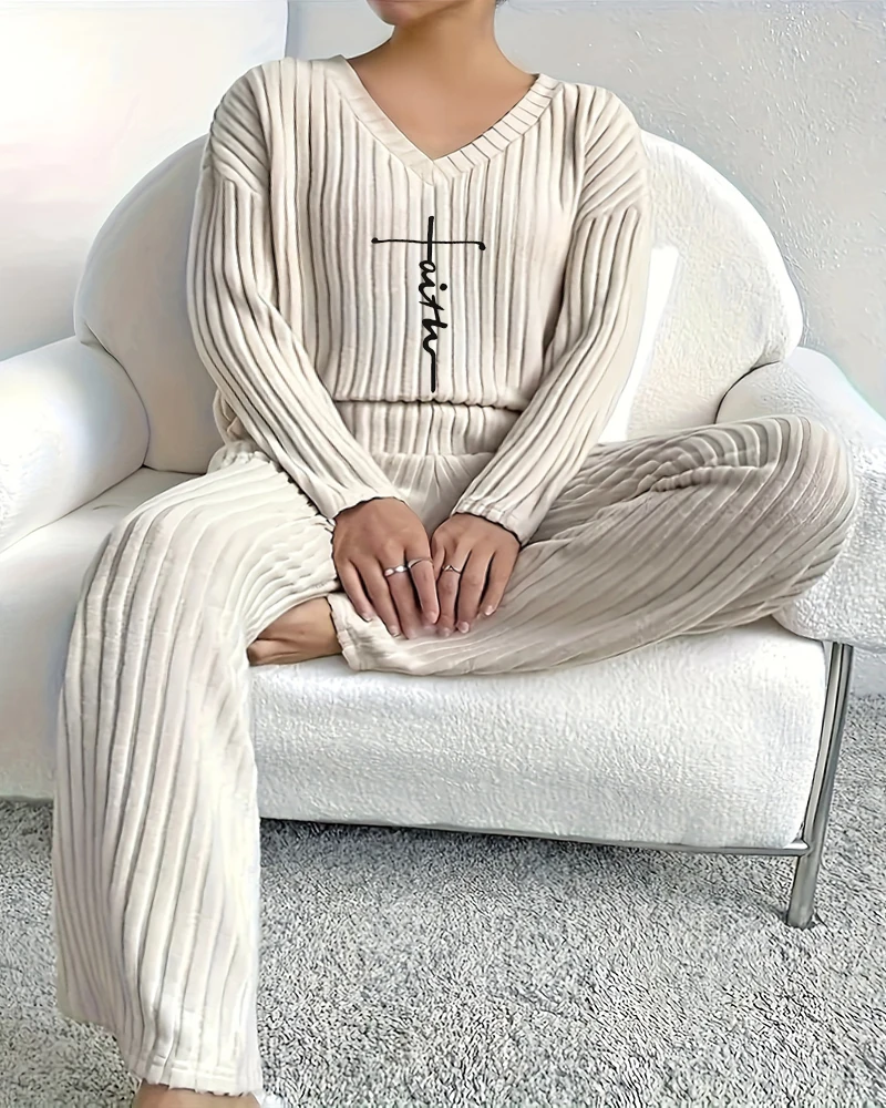 

Comfortable Pajama Set Autumn Pullover Loose V-Neck Letter Printing Knitted Sweater Straight Pants Home Wear Casual Pants Set