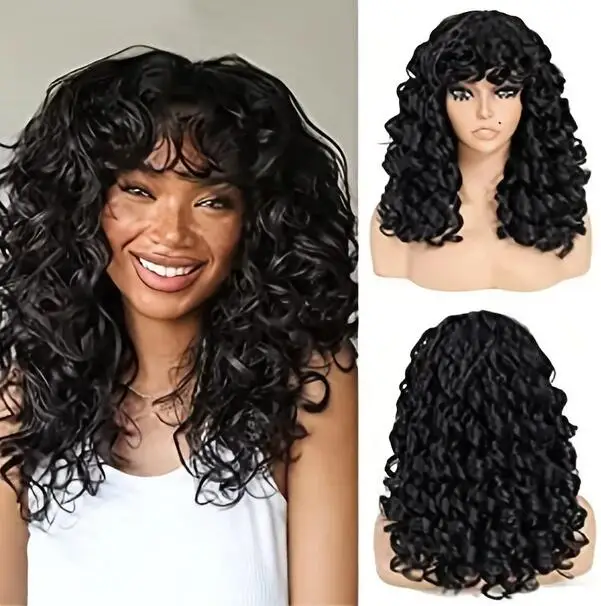 

Curly Wigs for Women Black Long Curly Afro Wig with Bangs Big Loose Cute Kinky Curly Hair Synthetic Wig for Daily Use Party Hall