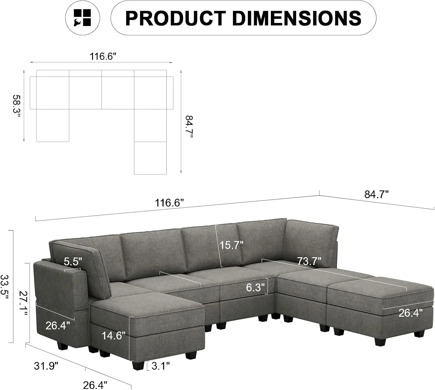 Sofa Modular Couch Reversible Storage Ottoman Sofa Large Couches U/L Shape Couch