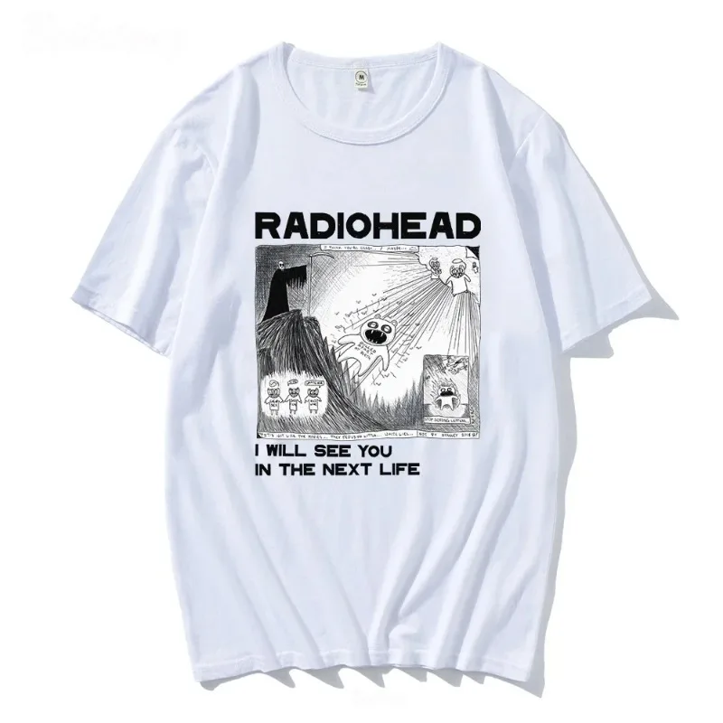 Hiphop Radiohead Print T-Shirt Rockband Vintage Ik Zie Je In Het Volgende Leven Unisex Muziekfans Print Mannen Vrouwen Met Korte Mouwen