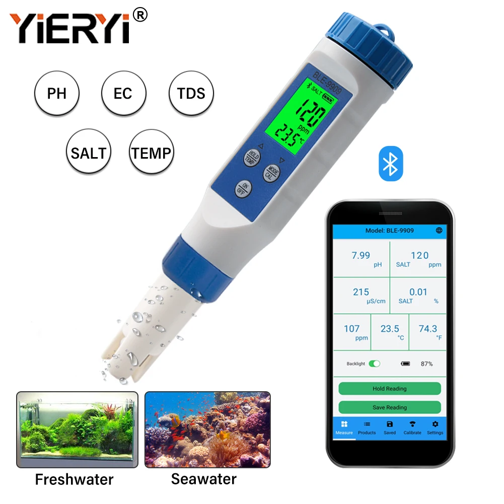 

Digital Smart Bluetooth Seawater Salinity Meter Salt Tester Monitor for Aquariums Pool Fish Tank Seafood Aquaculture 0.1-200ppt