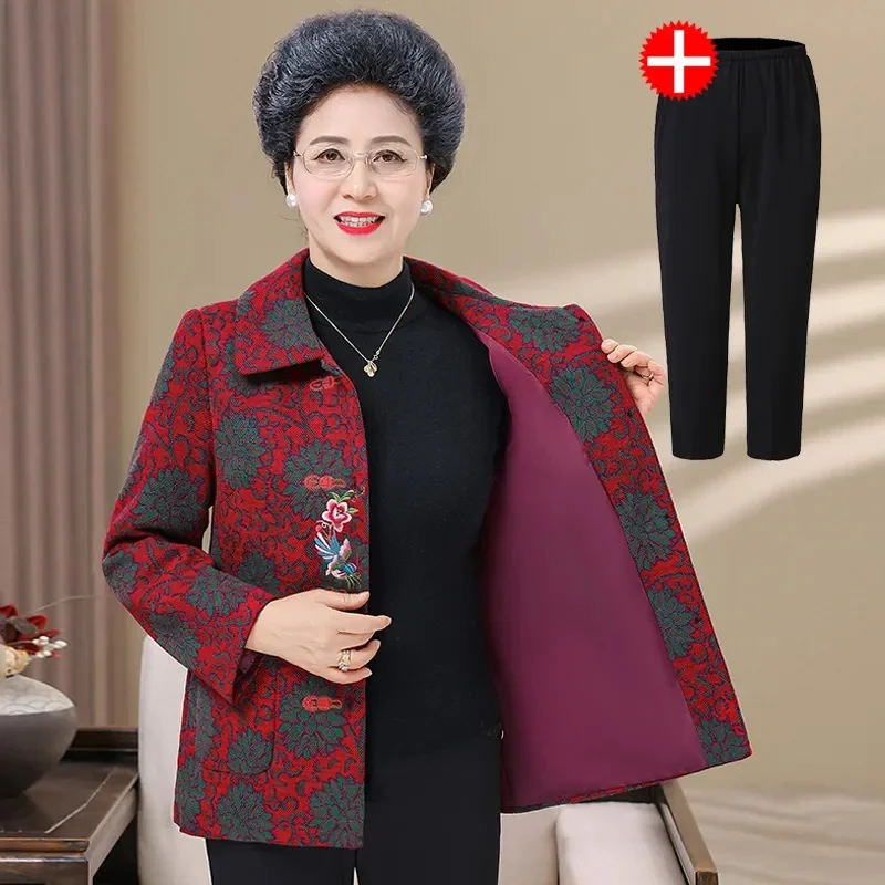 

Middle Aged Mother Fashion Casual Outwear Autumn Winter Women Large Size 6XL Embroidery Jacket Grandma Long Sleeves Tops Coat