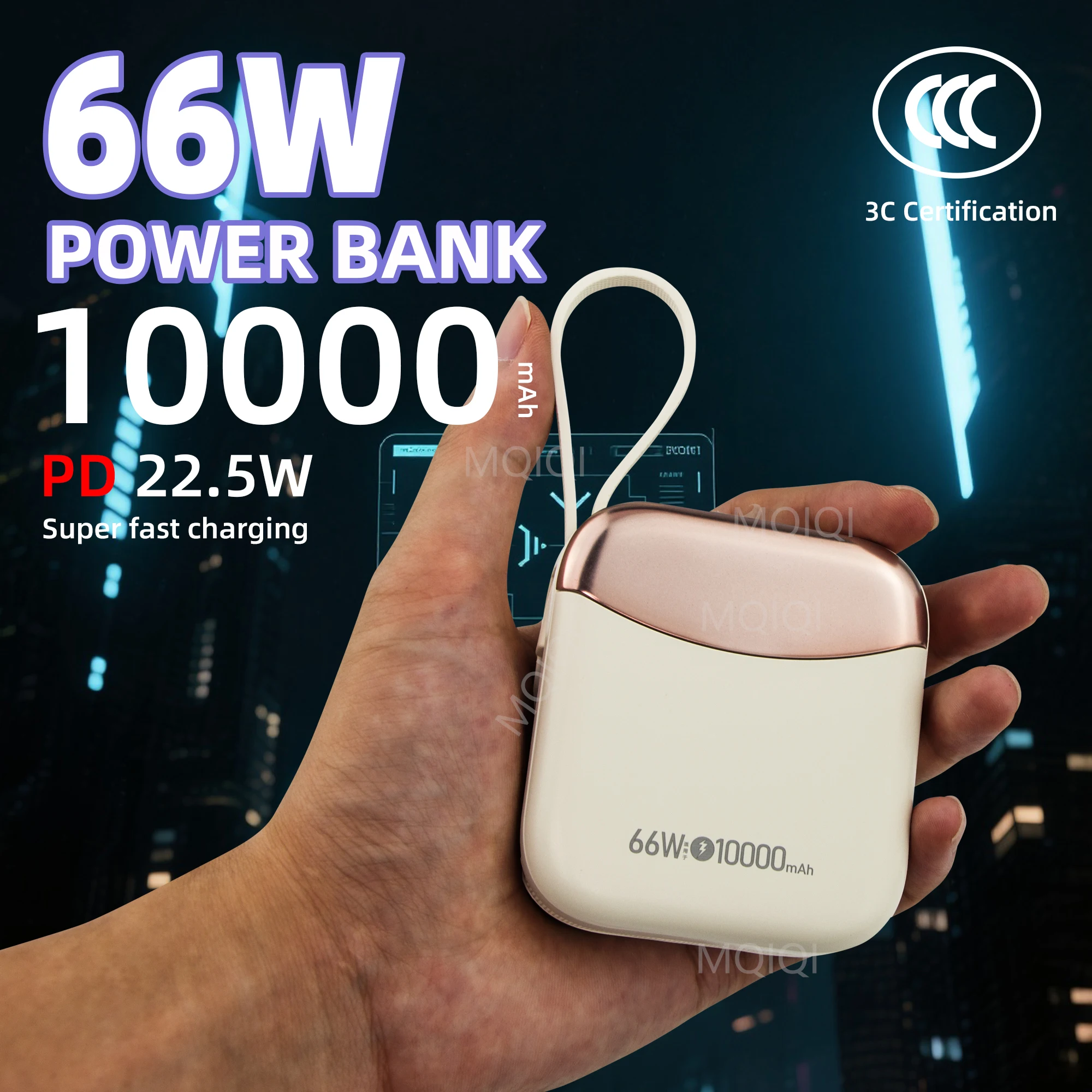 

MQIQI 10000mAh Power Bank 22.5W Fast Charging Built-in Cable Powerbank External Rechargeable Batteries For iPhone 16 15 Xiaomi