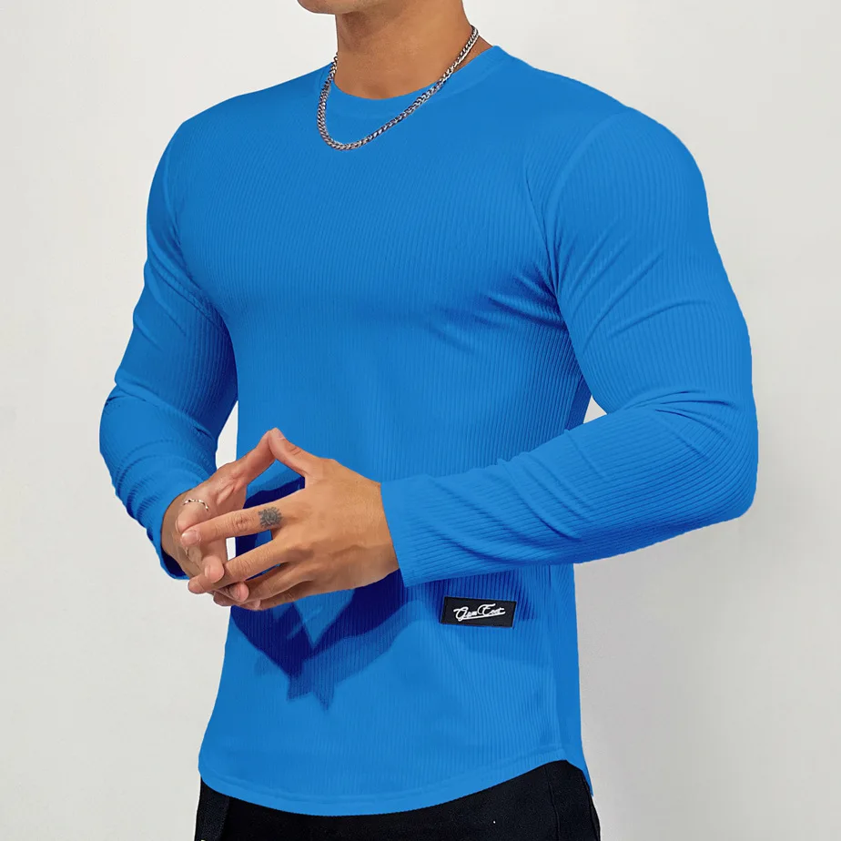 Autumn Winter Casual T-shirt Men Long Sleeves Solid Shirt Gym Fitness Bodybuilding Tees Tops Male Fashion Slim Stripes Clothing