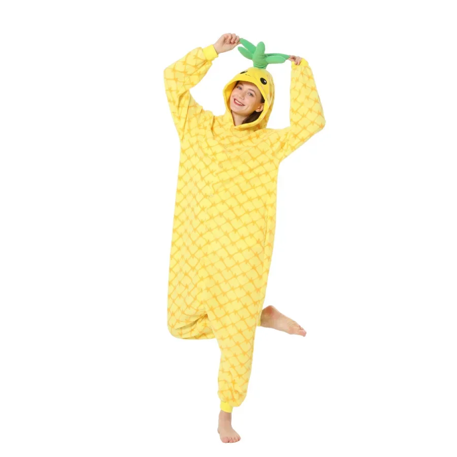 Cosplay Pineapple One-piece Hooded Pajamas Loungewear Long Sleeve Yellow Sleepwear Winter Homewear for Adult Keep Warm