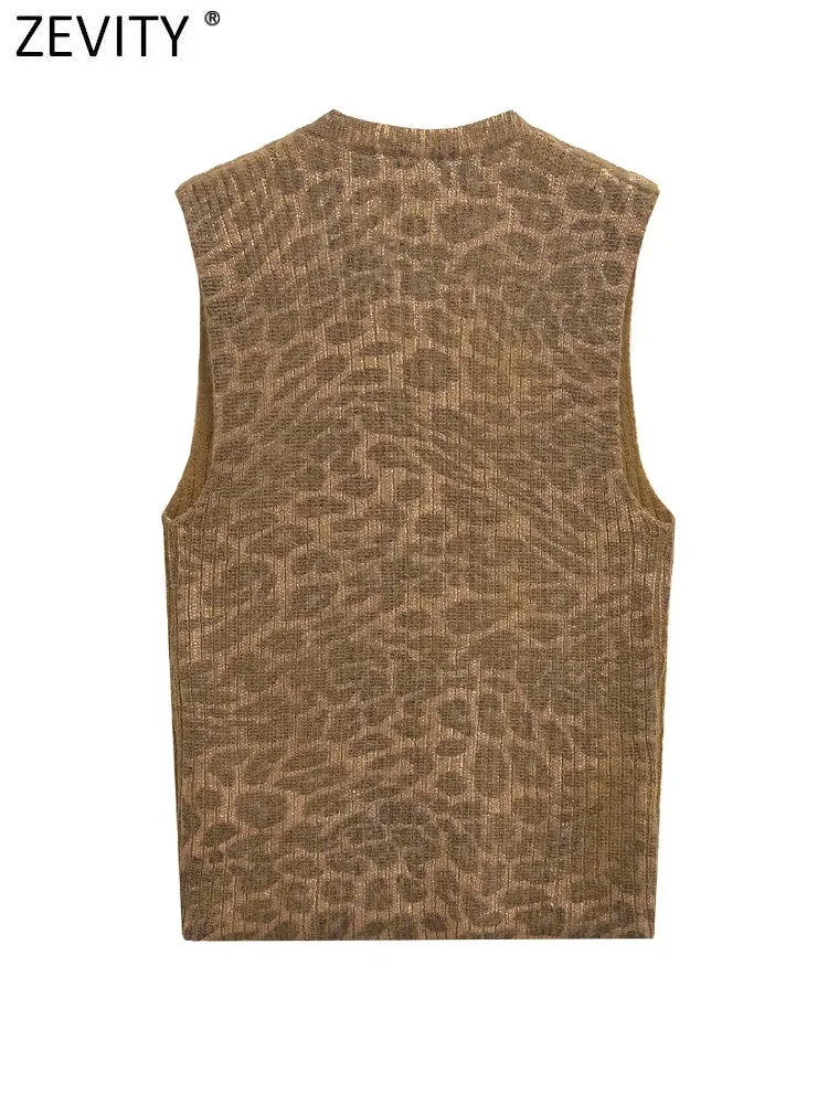 Zevity Women Fashion Sleeveless Leopard Metal Foil Knitting Vest Sweater Female Chic Jacquard Waistcoat Pullover Tops SW7185