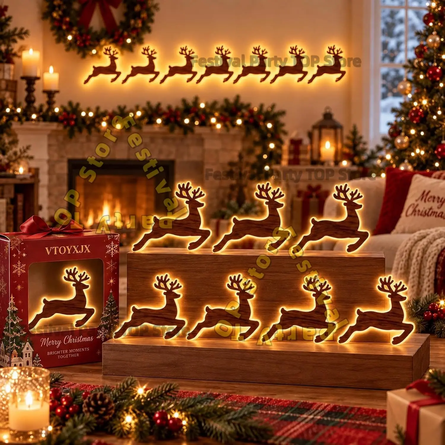 Reindeer Glow Christmas Decor LED Light up Glowing Reindeer Wall Stickers Outdoor Festive Lighting Holiday 3D Wood Decor Gift
