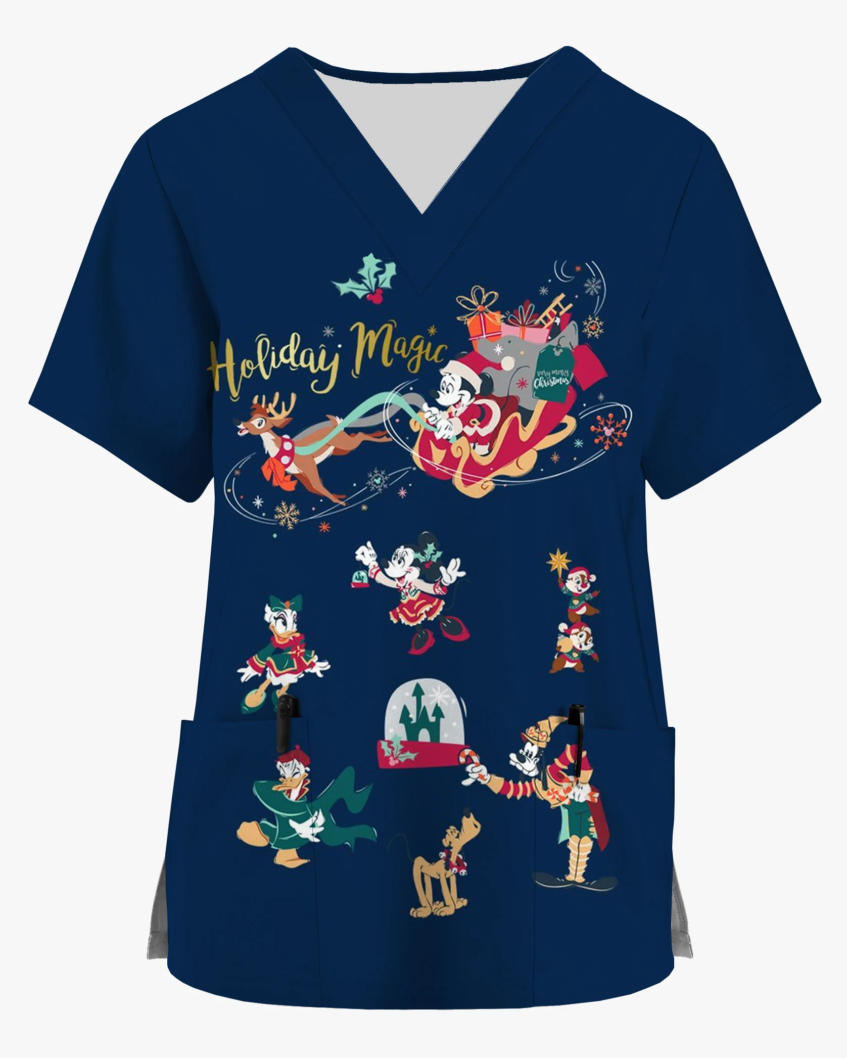 Disney-camisa de bolsillo con estampado de Mickey y Minnie para hombre y mujer, Top de manga corta con cuello en V, uniforme de trabajo para enfermería en casa