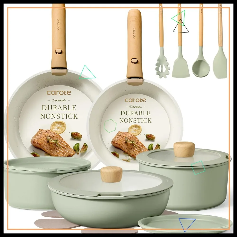 

19-Piece Detachable Handle Cookware Set, Nonstick Induction Kitchen Pots and Pans Oven Safe Green