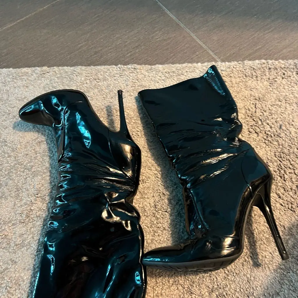 

Black Mid Calf Leaher Boots Thin High Heel Pointed Toe Fashion Sexy Cool 2025 Winter Big Size Woman Shoes Zapatillas Mujer